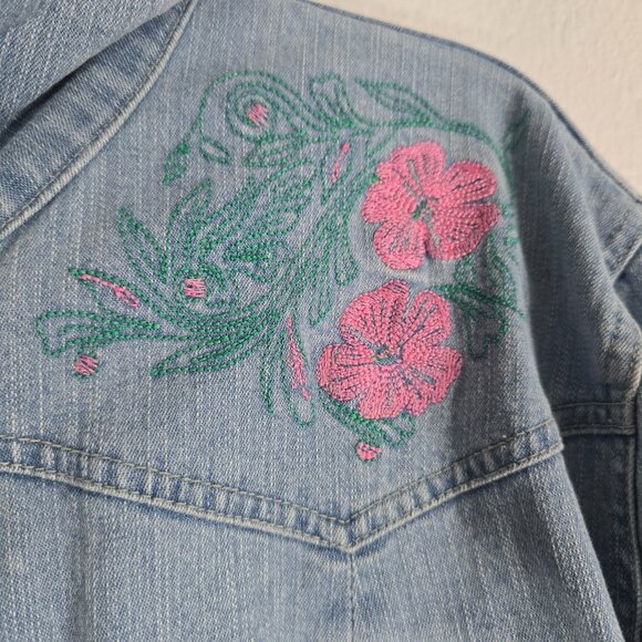 Denim & Co. Jacket Women Plus Size 2X Blue Long Sleeve Embroidered Floral Button - Picture 3 of 11